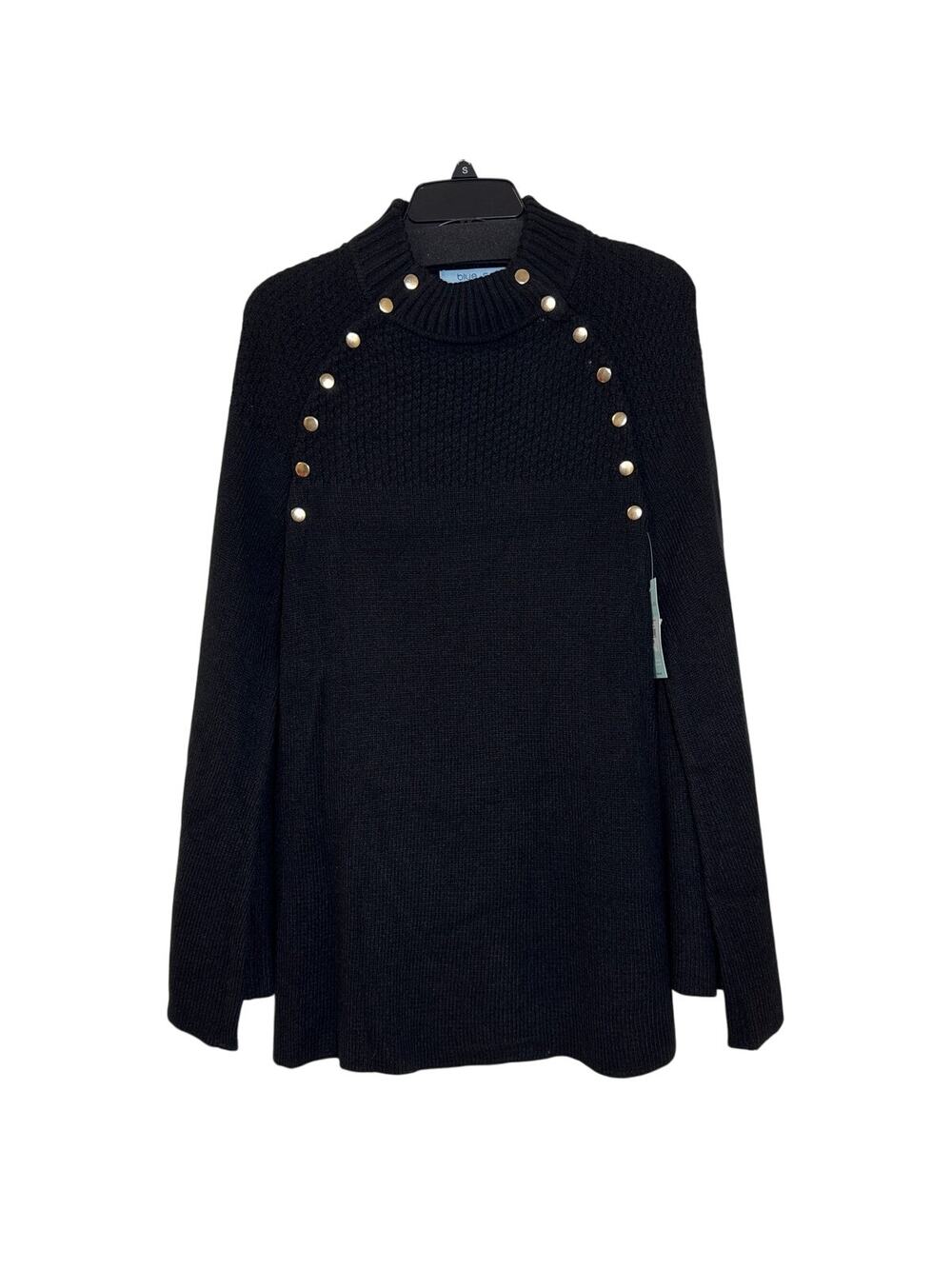 NWT Blue Sol Medium Black Cape Sweater Poncho With Gold Accent Buttons